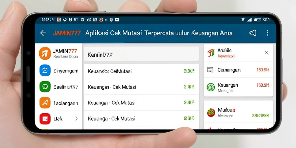 Screenshot utama aplikasi JAMIN777 menampilkan fitur cek mutasi keuangan.