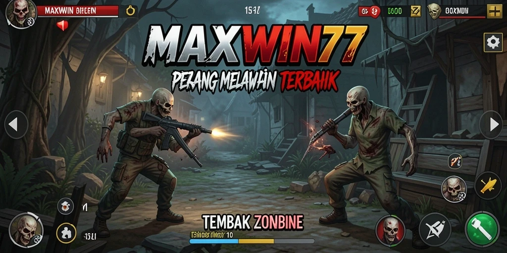 Screenshot utama MAXWIN77 menampilkan aksi tembak zombie yang seru.
