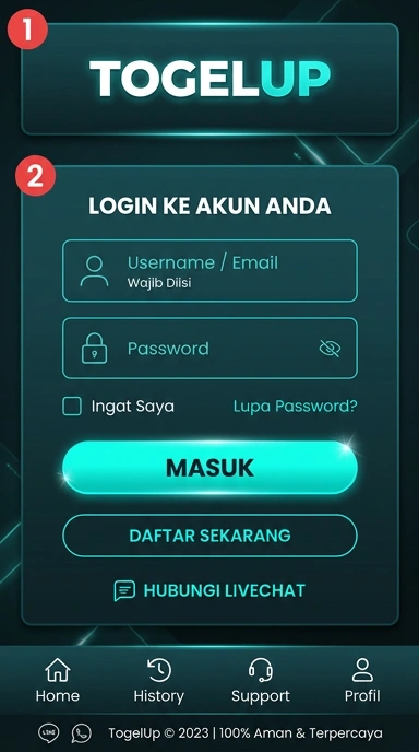 Tampilan halaman login togelup